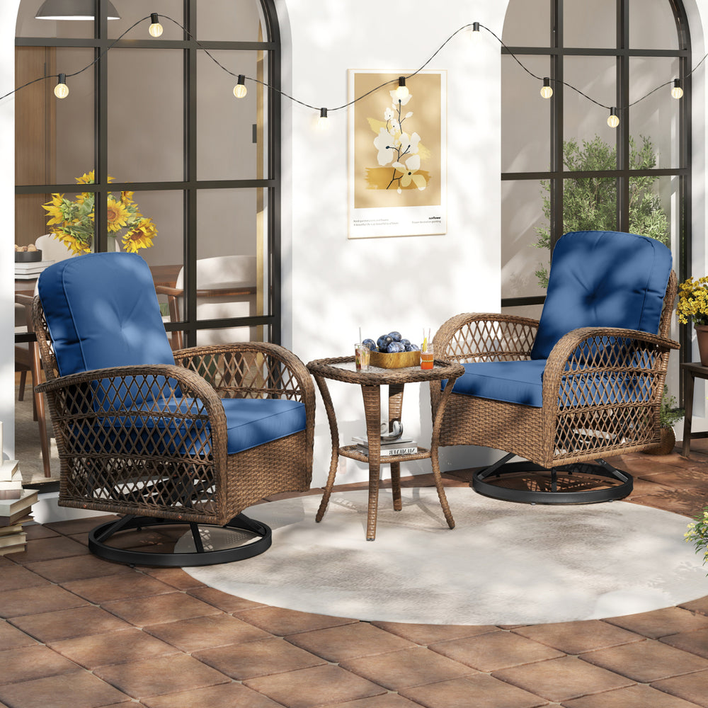 3 Piece Patio Swivel Rocker Set with Tempered Glass Side Table and Thick Cushions-Navy - Gallery View 1 of 11