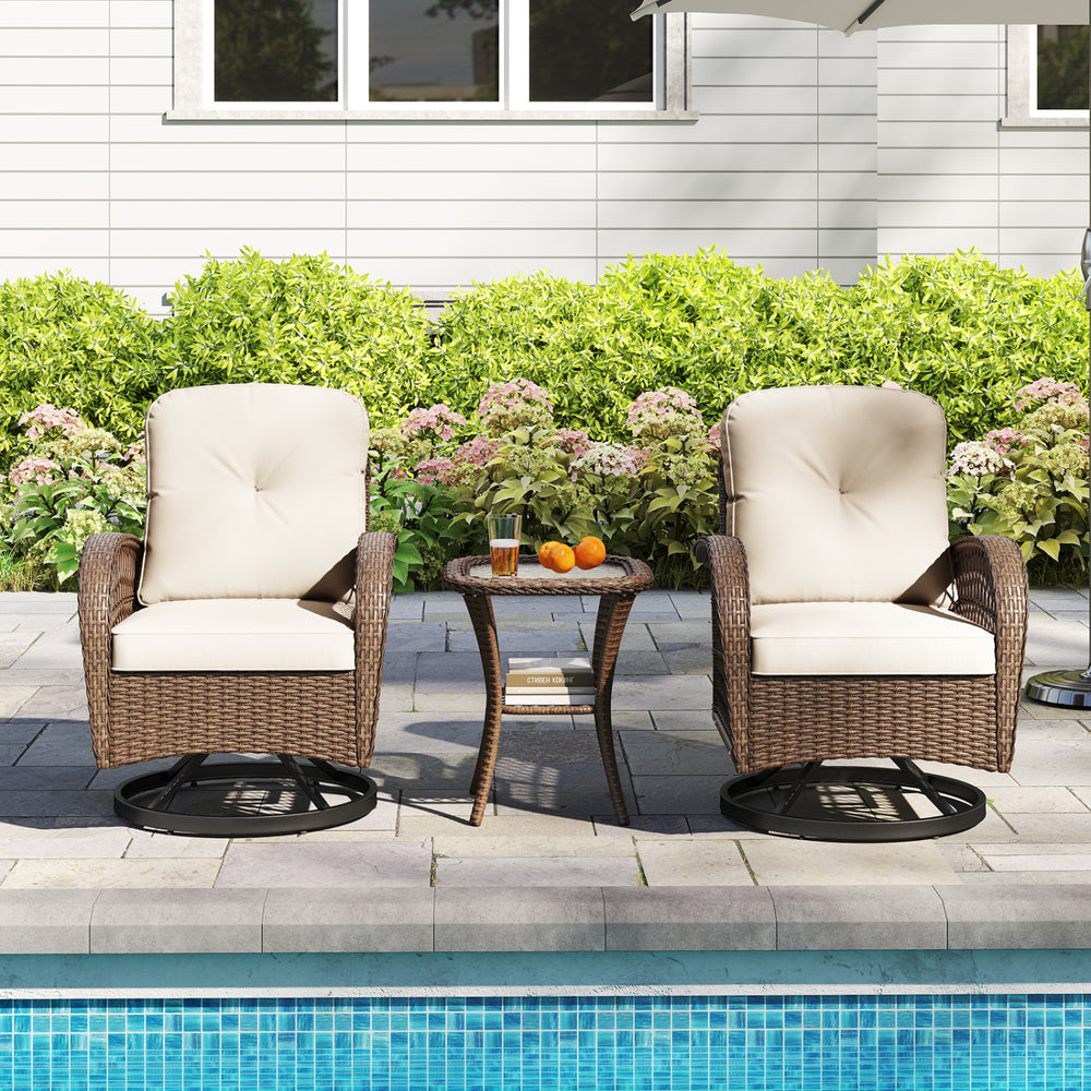 3 Piece Patio Swivel Rocker Set with Tempered Glass Side Table and Thick Cushions-White - Gallery View 1 of 10