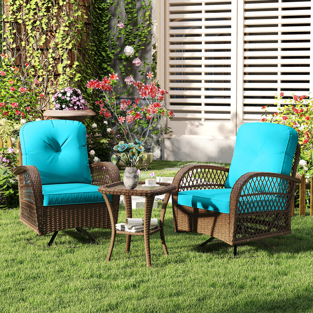 3 Piece Patio Swivel Rocker Set with Tempered Glass Side Table and Thick Cushions-Turquoise - Gallery View 1 of 10