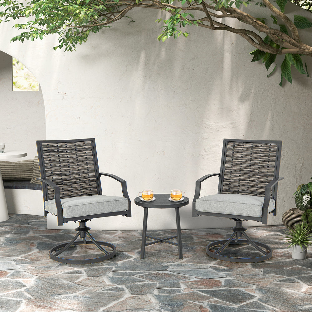 3-piece patio swivel chair set with soft seat cushions and a coffee table, perfect for backyard relaxation.