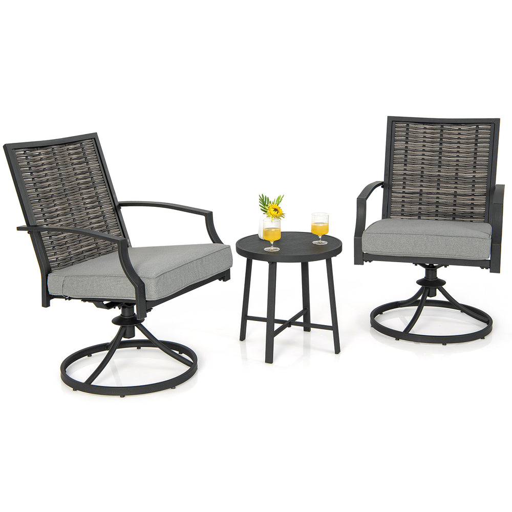 3-piece patio swivel chair set featuring soft seat cushions and a coffee table, perfect for backyard relaxation.