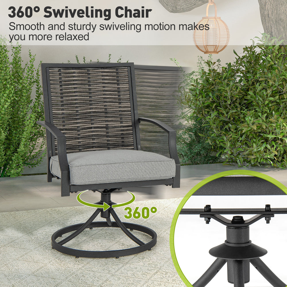 360° swivel chair from the 3-piece patio set with soft seat cushions, perfect for backyard relaxation.