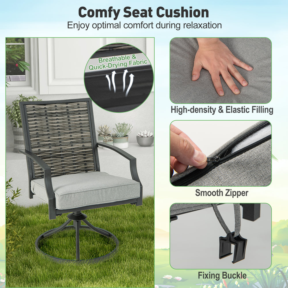 Patio swivel chair with soft seat cushion, ergonomic design, and durable PE rattan for backyard relaxation.