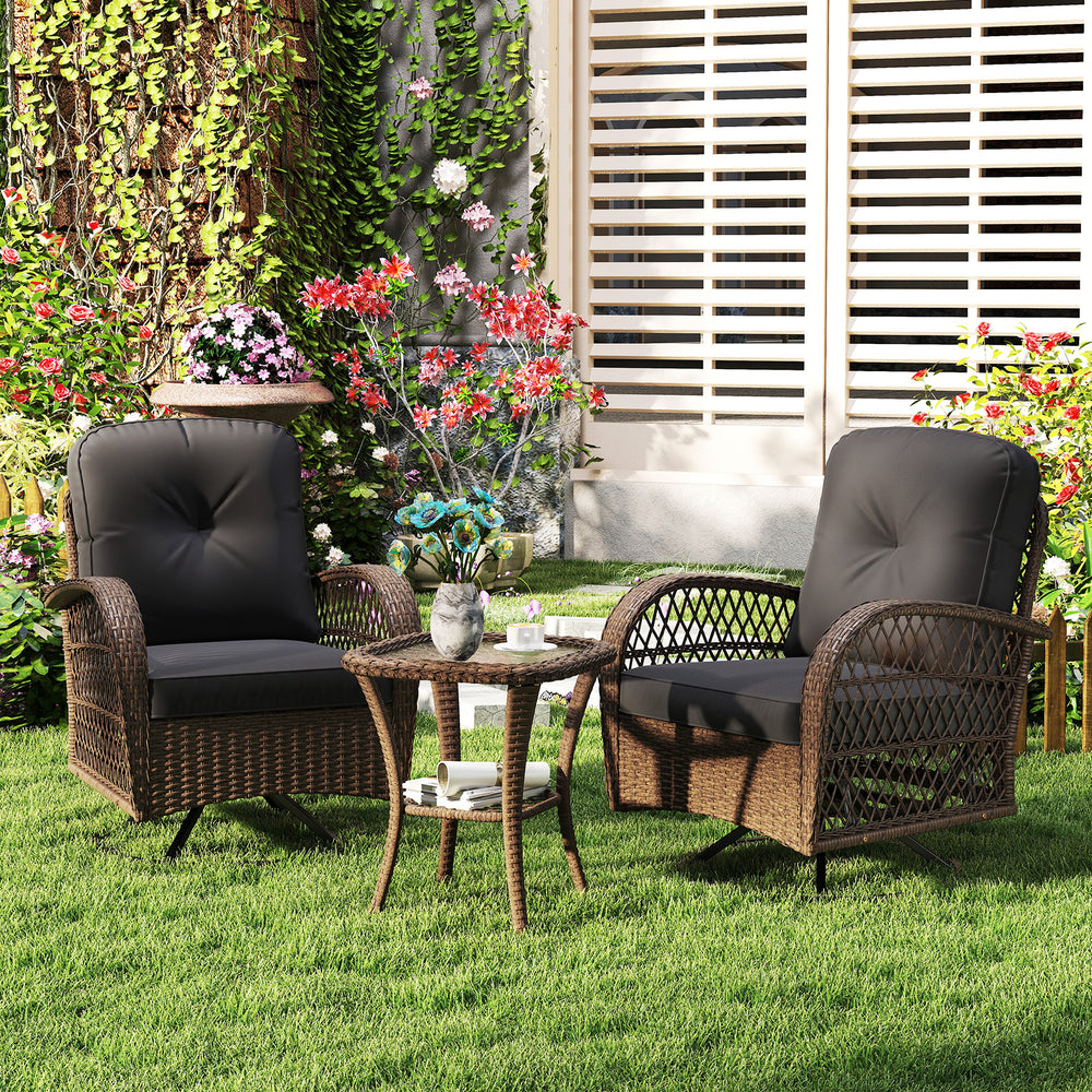 3 Piece Patio Swivel Rocker Set with Tempered Glass Side Table and Thick Cushions-Black - Gallery View 1 of 10
