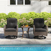 Two black cushioned swivel rockers with a glass side table, perfect for relaxing by the poolside or backyard.