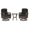 Close-up of a plush black cushion on a patio swivel rocker, offering comfort and style for outdoor spaces.