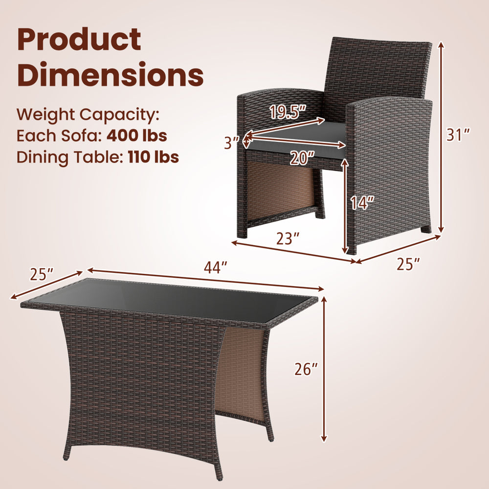 3-piece patio wicker dining set featuring a rectangle tempered glass table and ergonomic chairs for outdoor comfort.
