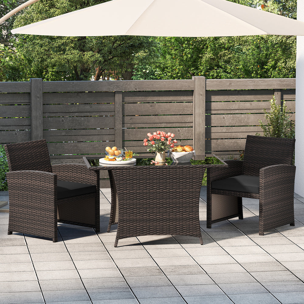 3 Piece Patio Wicker Dining Set with Rectangle Tempered Glass Dining Table-Brown - Gallery View 1 of 10
