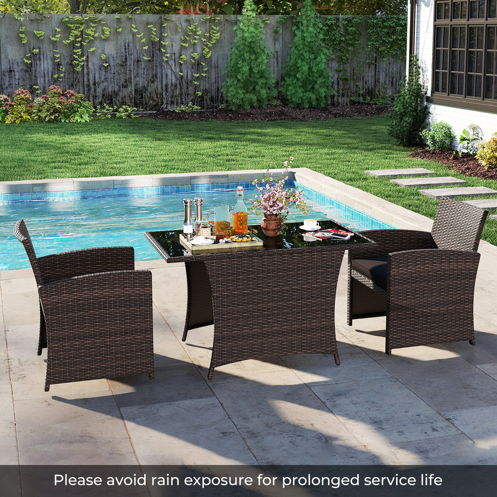 3-piece patio wicker dining set featuring a rectangle tempered glass table, ideal for poolside and backyard relaxation.