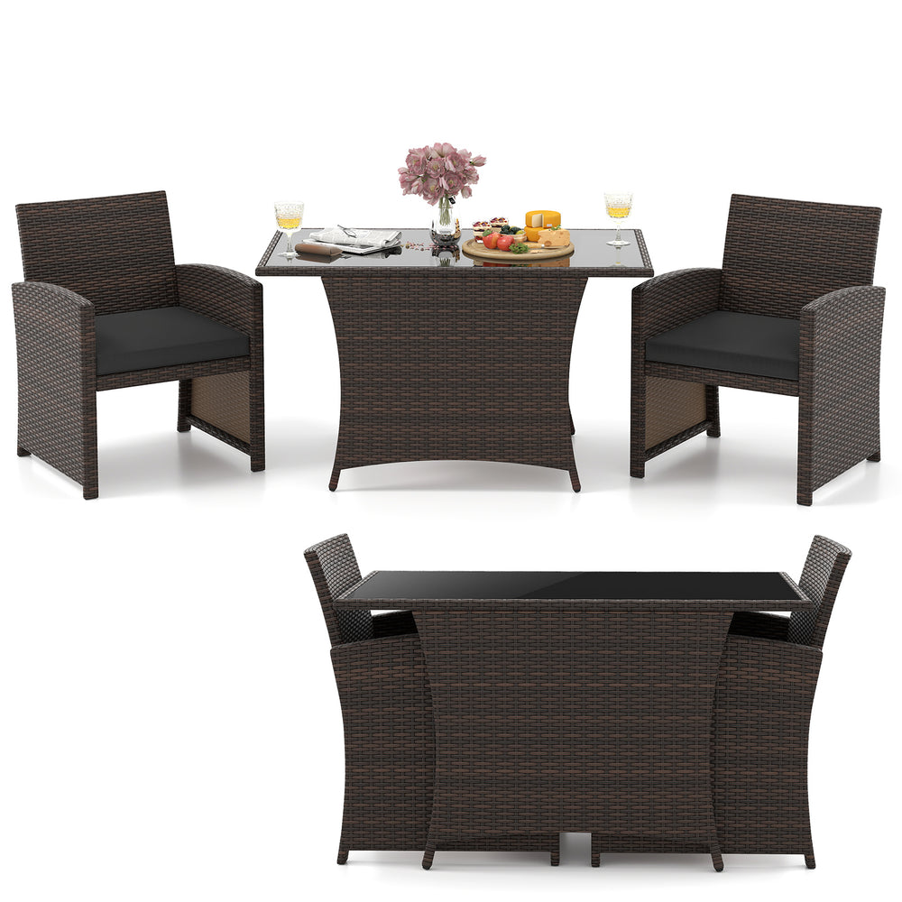 3-piece brown patio wicker dining set featuring a rectangle tempered glass table and cushioned chairs, ideal for.