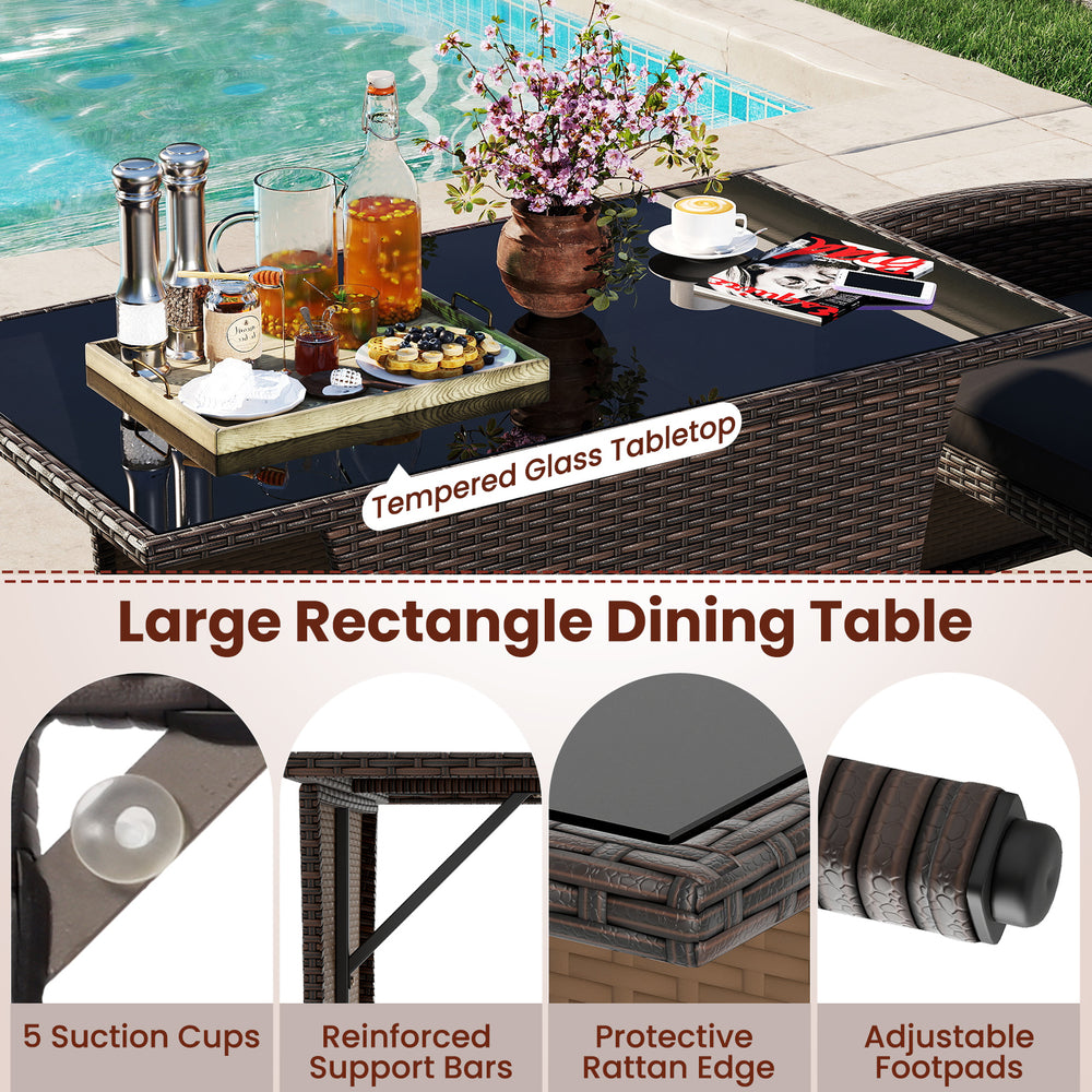 Large rectangle dining table with tempered glass top, reinforced support bars, and adjustable footpads for outdoor use.