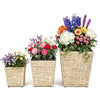 Three sizes of natural rattan planter boxes with removable liners, perfect for indoor and outdoor flower arrangements.