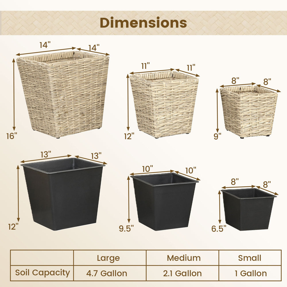 Natural rattan planter box kit in three sizes with removable liners, perfect for indoor and outdoor planting.
