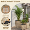 Close-up of the adjustable foot pads on the 3-piece natural rattan planter box kit with removable plastic liners.