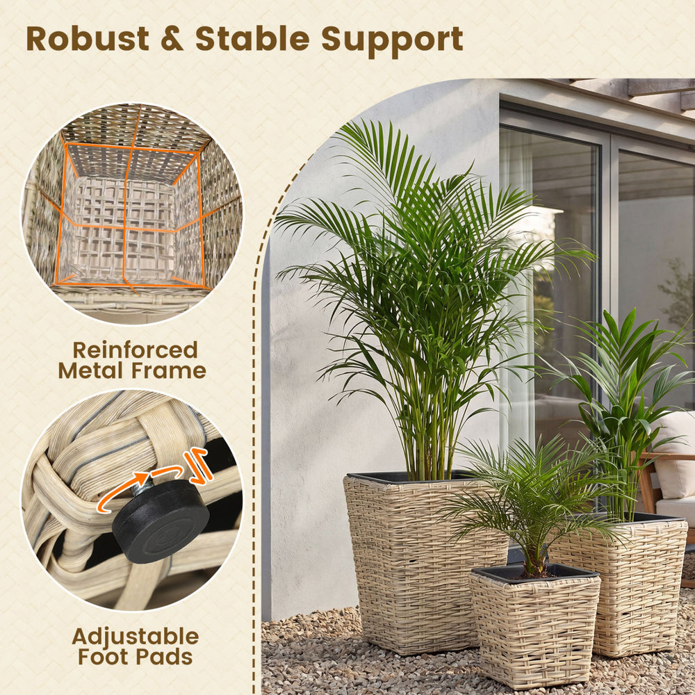 Close-up of the adjustable foot pads on the 3-piece natural rattan planter box kit with removable plastic liners.