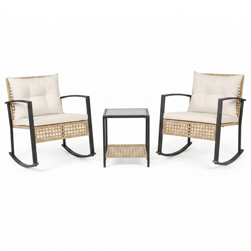 Stylish 3-piece rattan wicker patio set includes plush rocking chairs and a glass-top table for elegant outdoor gatherings.