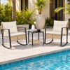 Glass-top coffee table with rattan storage basket complements two rocking chairs, creating an inviting outdoor conversation space.