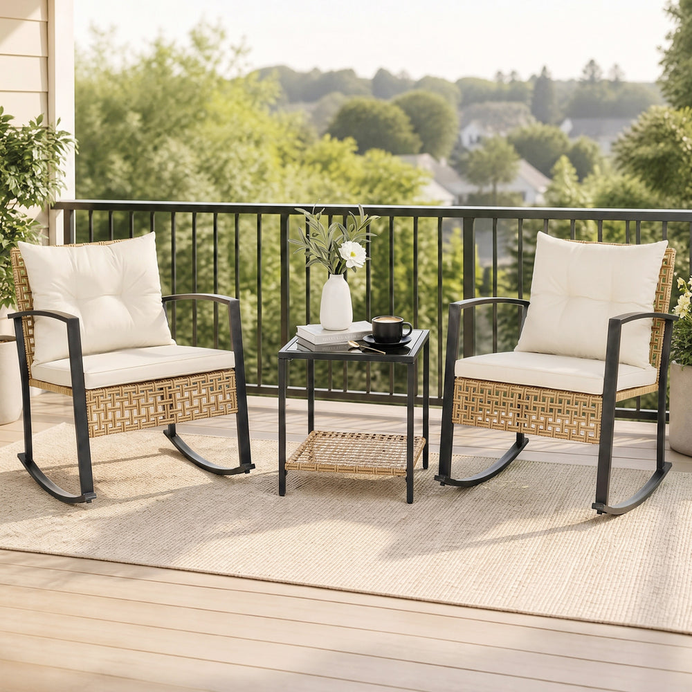 Gentle rocking chair with plush white cushion and supportive armrests, perfect for lounging in your outdoor garden.