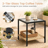 2-tier glass top coffee table with adjustable foot pads and rattan storage basket for outdoor essentials.