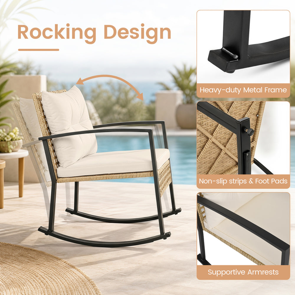 Rocking chair with heavy-duty metal frame, premium PE rattan, and thick cushions for relaxing outdoor moments.