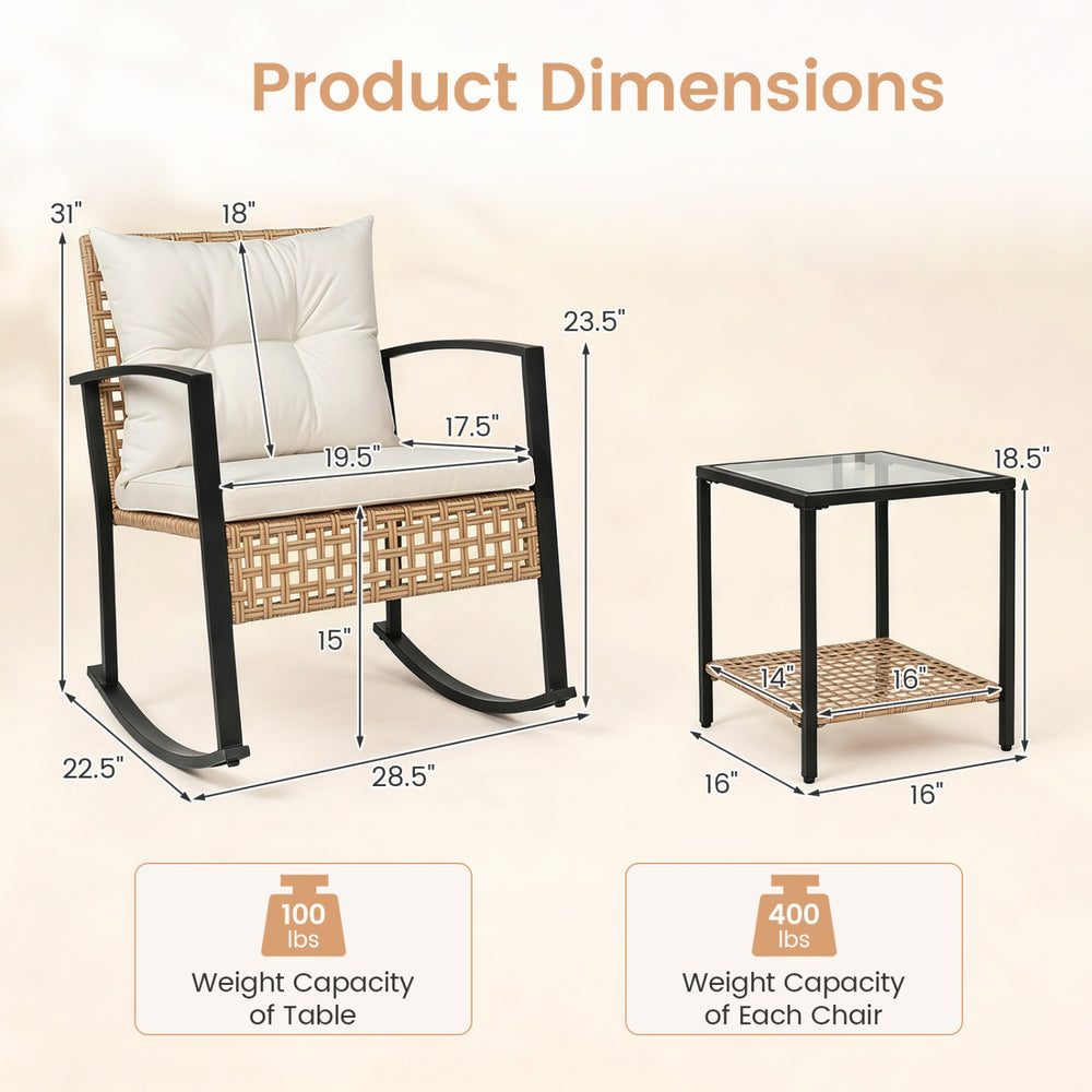 Product dimensions for the 3-piece rattan wicker patio conversation set, including chair and table measurements.