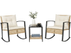 Two rocking chairs with thick cushions and a glass-top table create a stylish 3-piece rattan wicker patio set for outdoor relaxation.