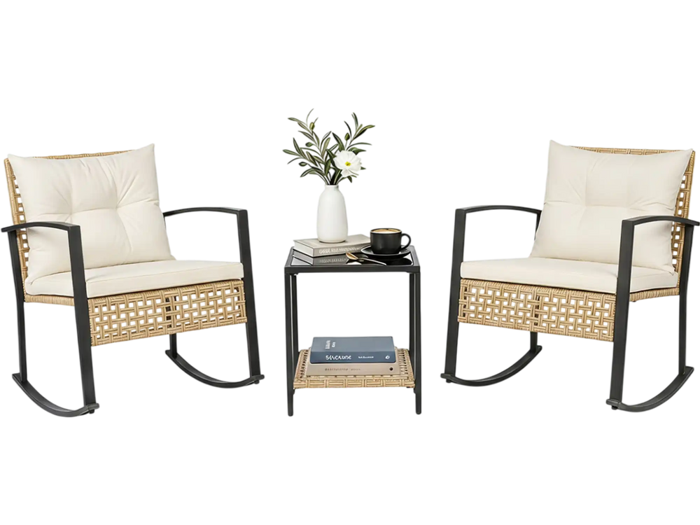 Two rocking chairs with thick cushions and a glass-top table create a stylish 3-piece rattan wicker patio set for outdoor relaxation.