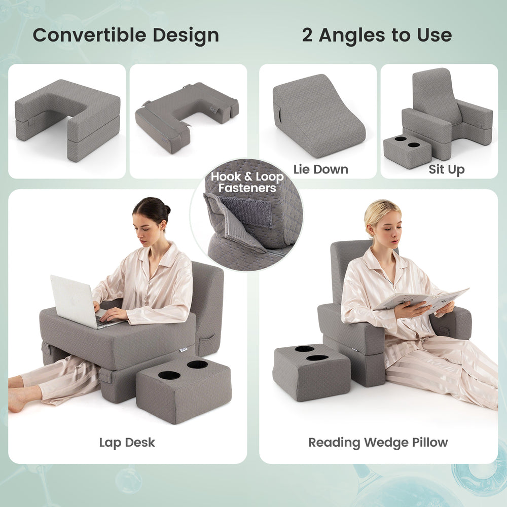Convertible 3-piece reading pillow set in gray, featuring a lap desk and reading wedge for ergonomic support and.