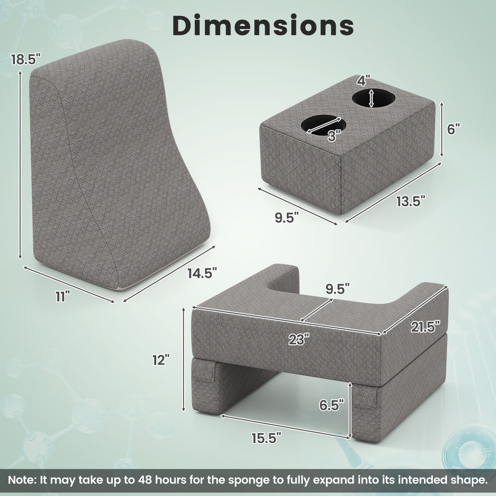 Dimensions of the 3-piece gray reading pillow set, featuring a lap desk, back pillow, and storage pocket for.