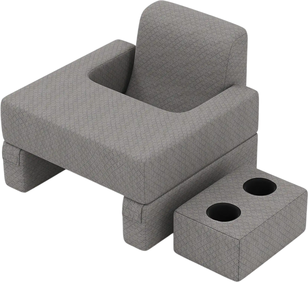 Extra large gray lap desk with ergonomic reading pillow and two cup holders, perfect for reading or working comfortably.