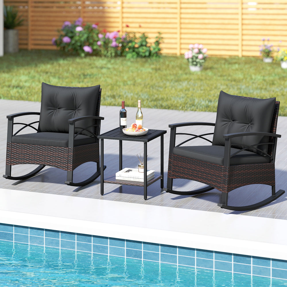 3 Piece Rocking Bistro Set PE Rattan Rocker Chairs with Acacia Wood Top Table-Black - Gallery View 1 of 11