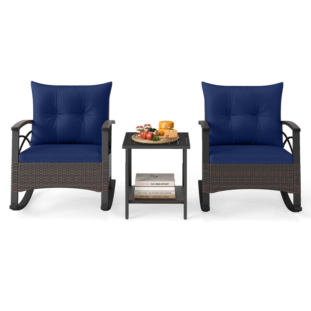 Navy blue rocking chairs with PE rattan and acacia wood table, perfect for outdoor relaxation on the patio or balcony.