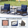 Navy blue rocking chairs with acacia wood table, featuring PE rattan, perfect for outdoor relaxation on the patio.
