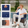 Navy seat and back cushions on a PE rattan rocking chair, featuring zippered covers for easy cleaning and comfort.