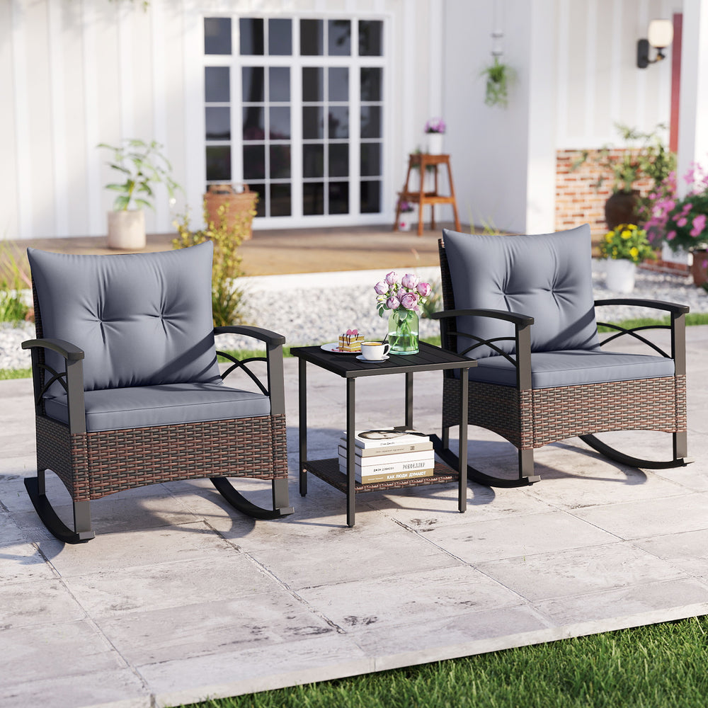 3 Piece Rocking Bistro Set PE Rattan Rocker Chairs with Acacia Wood Top Table-Gray - Gallery View 1 of 11