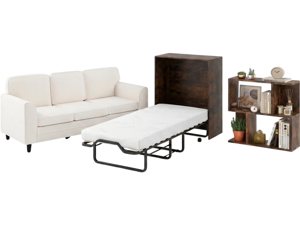 3-Piece Space-Saving Living Room with Teddy Sofa, Display Bookshelf & Foldable Murphy Bed