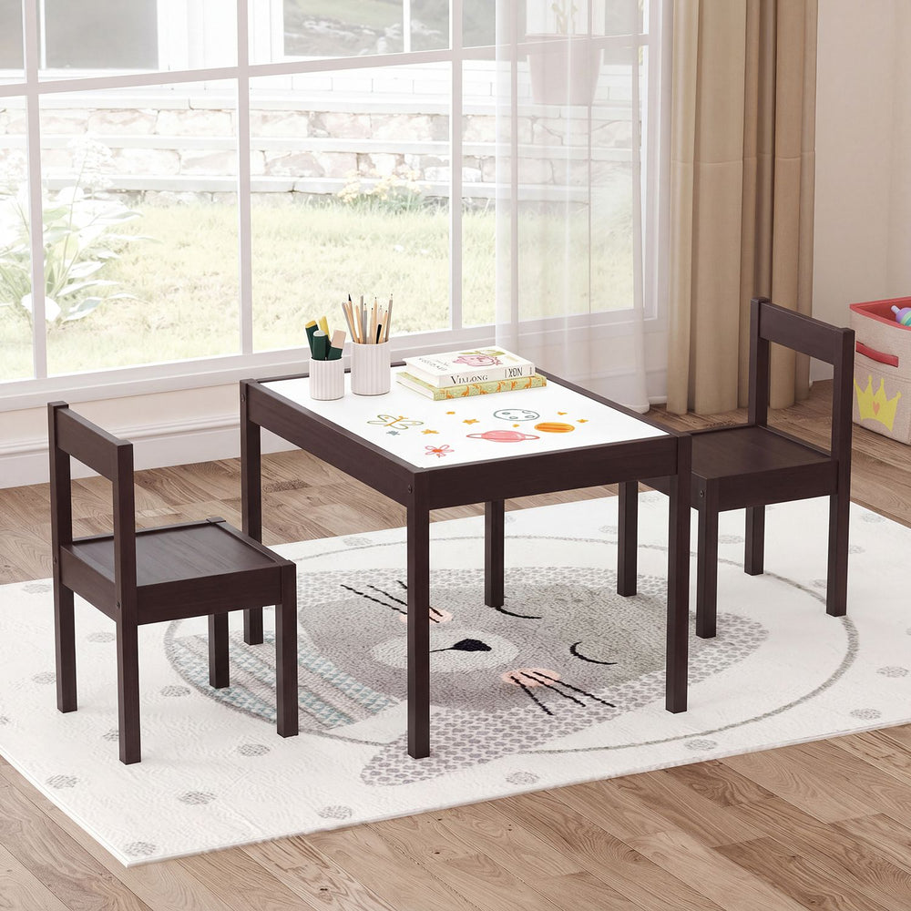 Toddler activity table set with solid rubber wood frame, featuring a large graffiti tabletop and two comfy chairs for playtime.