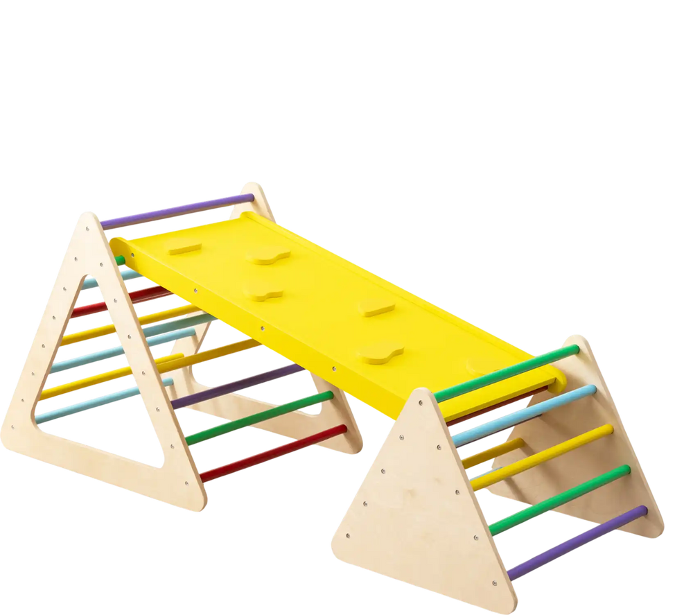 Colorful 3-piece toddler triangle set with climbing ramp and two triangles, promoting active play and physical skill.