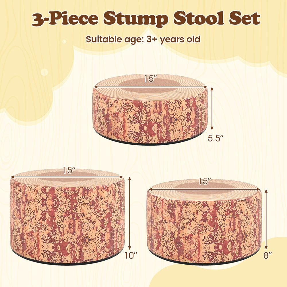 3-piece tree stump stool set with wood printing, featuring different heights for flexible seating in home or daycare.