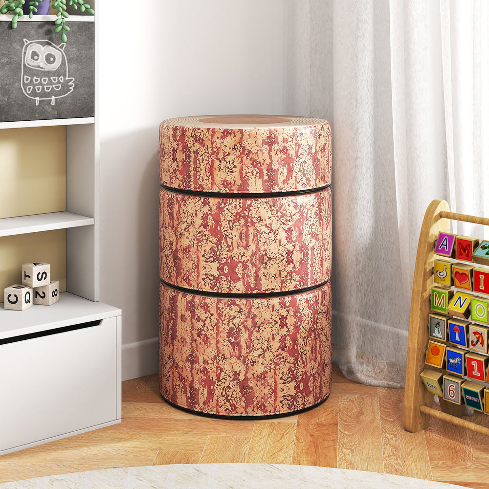 3-piece tree stump stool set with realistic wood grain, upholstered in PU leather, perfect for home or daycare use.