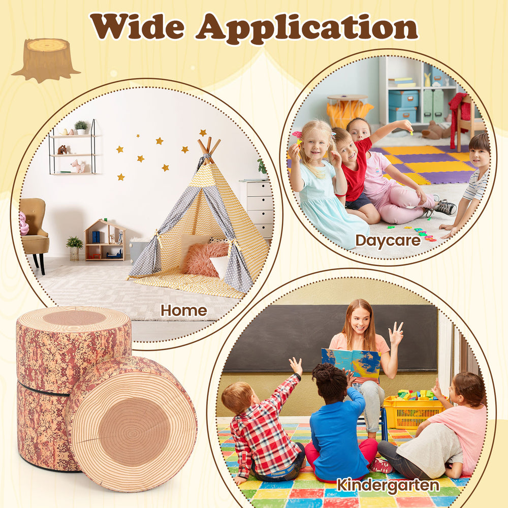 3-piece tree stump stool set in dark walnut with wood grain design, ideal for home, daycare, and kindergarten use.