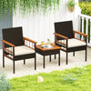 Wicker furniture set featuring two chairs with acacia wood armrests and a side table, perfect for balcony relaxation.