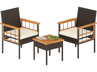 Costway 3-Piece Wicker Patio Furniture Set Acacia Wood Tabletop Armrests Balcony 92763712 New
