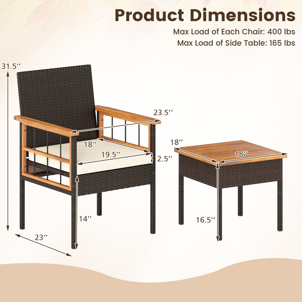 Dimensions of the 3-piece wicker furniture set with acacia wood tabletop, ideal for balcony relaxation.