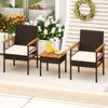 Wicker furniture set featuring acacia wood armrests and table, with soft cushions, perfect for balcony relaxation.