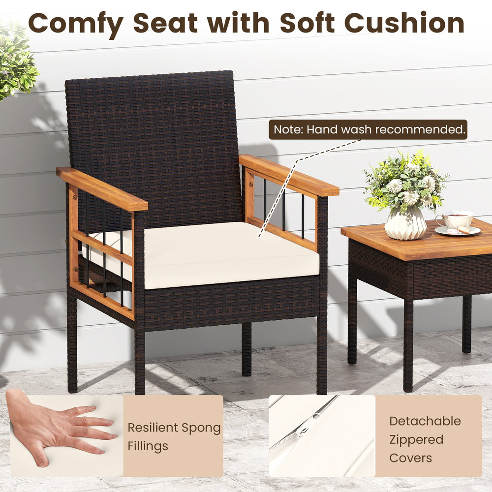 Wicker armchair with soft cushion and acacia wood armrest, perfect for balcony relaxation and outdoor comfort.