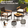 3-piece wicker furniture set featuring acacia wood tabletop and ergonomic chairs, perfect for balcony relaxation.