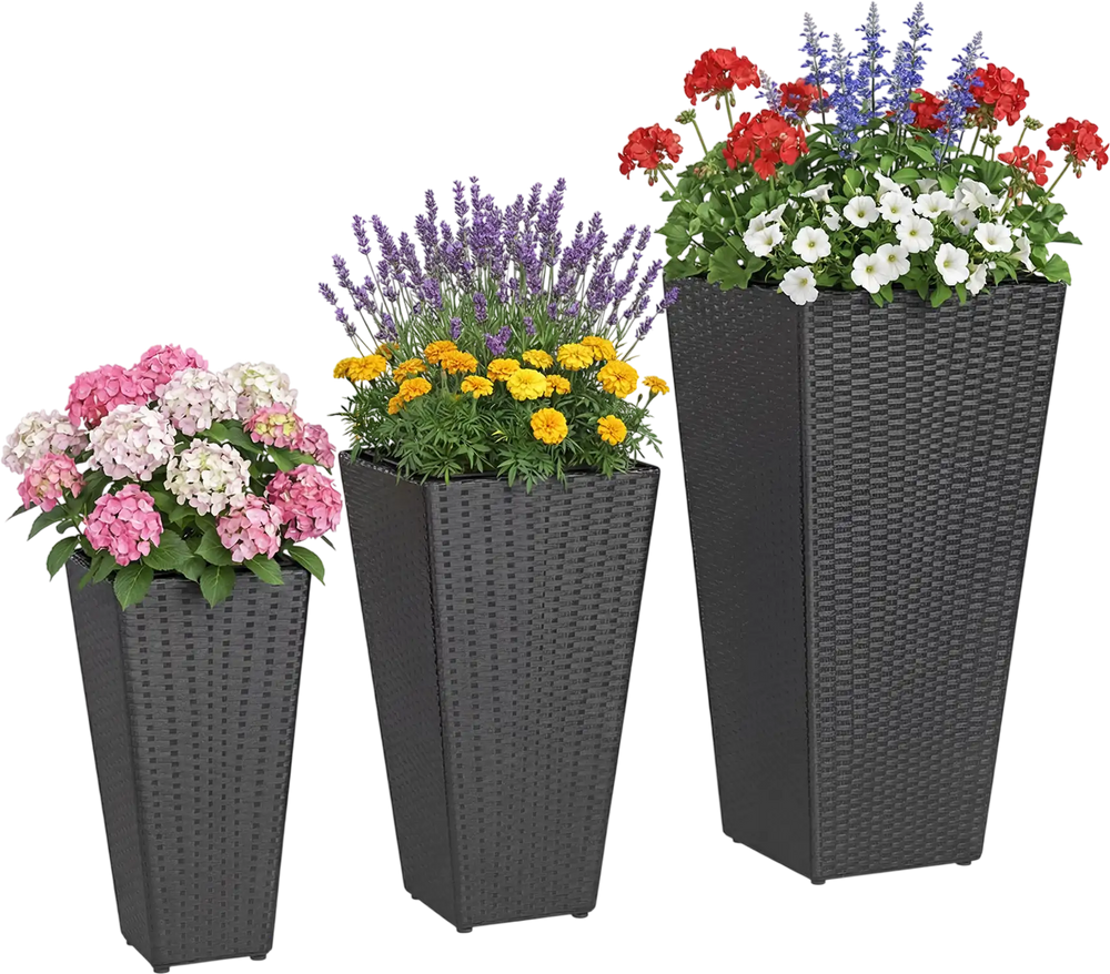 Three tapered black wicker planters made of durable PP rattan, perfect for indoor and outdoor plant display.