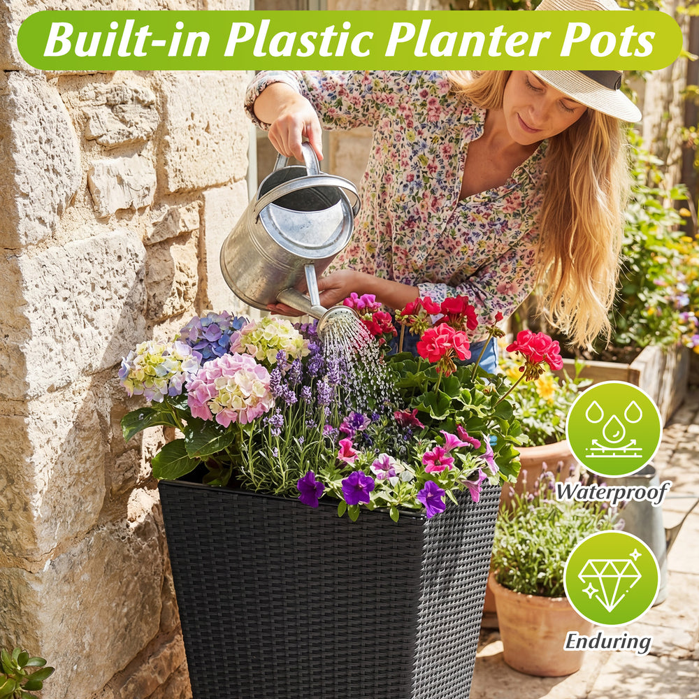 Tapered black wicker planter with vibrant flowers, featuring waterproof plastic pots for indoor and outdoor use.