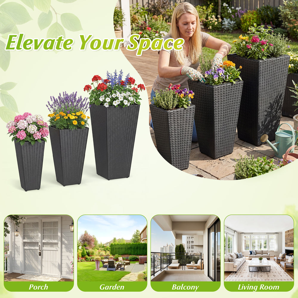 Three tapered black wicker planters made of PP rattan, perfect for indoor and outdoor plant display.